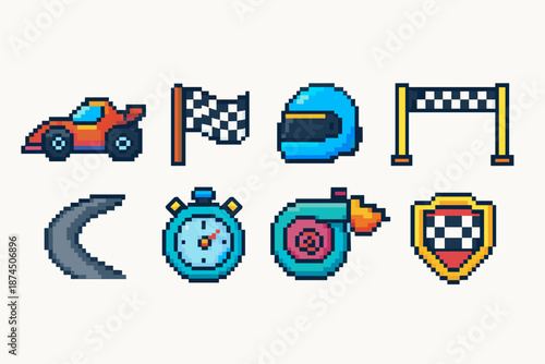 Racing, motorsport pixel icon set. Speed, checkered flags, racing cars pixel icons collection
