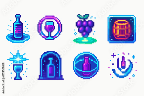 Wine and vineyard pixel icon set. Grapes, wine bottle, barrel, and glass pixel icons