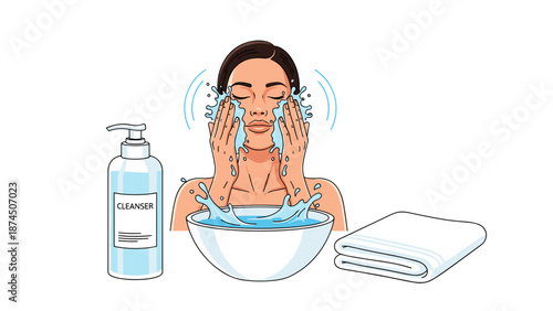 A woman washes her face with water and cleanser from a pump bottle next to a bowl and a folded towel.