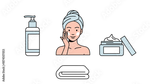 A woman with a towel on her head applies cream to her face with a lotion bottle and jar nearby.