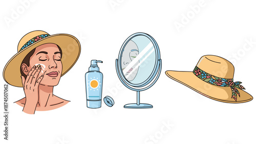 A woman applies sunscreen to her face in preparation for sun exposure, surrounded by hats and a mirror.