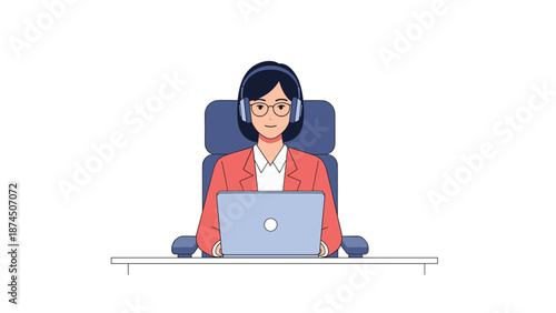 A woman wearing headphones and glasses sits in an office chair in front of a laptop, appearing to be working or communicating, representing remote work, online meetings, or customer service.