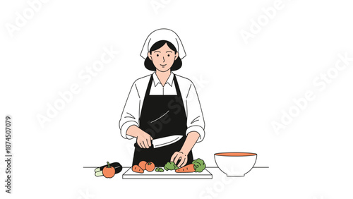 A woman in an apron and chef's hat skillfully chops fresh vegetables on a cutting board, preparing a healthy meal.