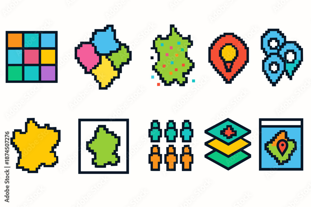 Fototapeta premium Germany map pixel icon set with pointer and location, flat style collection