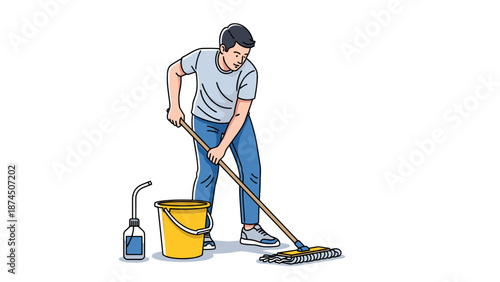 A man in casual clothes is diligently mopping the floor with a flat mop, pushing it across the surface, next to a yellow bucket filled with water and a blue cleaning solution bottle