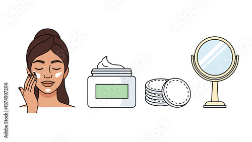 This image beautifully illustrates the intimate act of applying facial cream as part of a dedicated skincare ritual. 