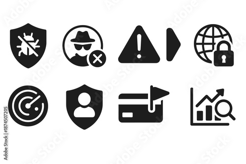 Cybersecurity, privacy solid icon set. Warning, secure connection, data protection icons.