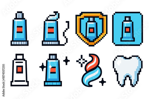 Dental care pixel art icon set. Toothpaste, tooth, dental icons pixel collection