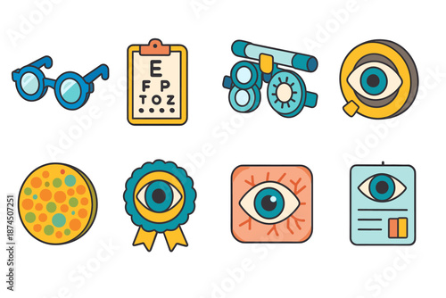Vision and eyewear flat icon set. Glasses, contact lenses, eye test icons collection