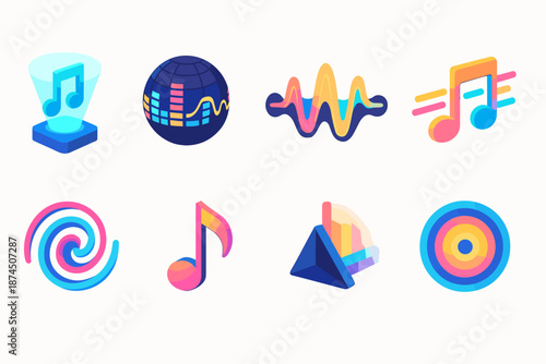 Music, sound 3d icon set. Audio, musical instruments, and notes icons collection