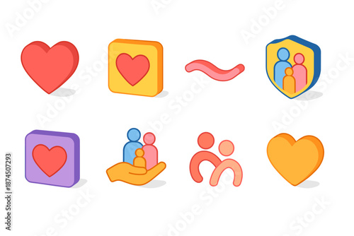 Family and community 3d icon set. Vibrant symbols of togetherness and support