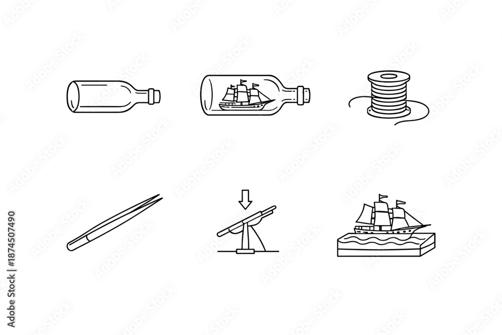 Fototapeta premium Minimalist icons of ship in bottle and nautical tools