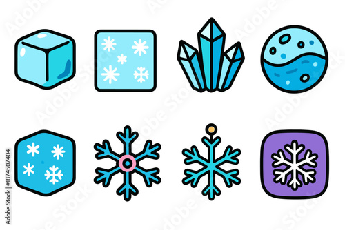 Winter and snowflakes icon set. Cold weather, seasonal symbols in filled style.