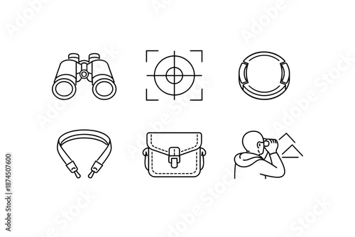 Outdoor adventure icons set: binoculars, compass, lifebuoy in linear style