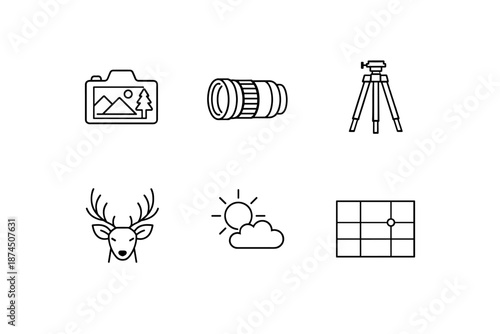 Essential photography line icons: camera, lens, tripod, deer, weather, rule of thirds