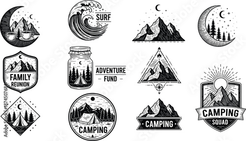 Adventure camping badge vector set, mountain surf forest night emblems, vintage outdoor logos and patches for travel branding, camping squad design