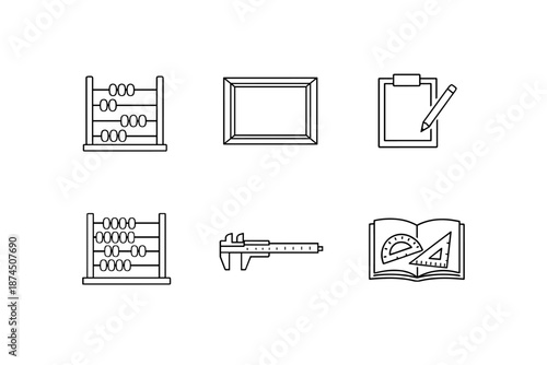 Educational geometry set with abacus and tools in linear style for classrooms