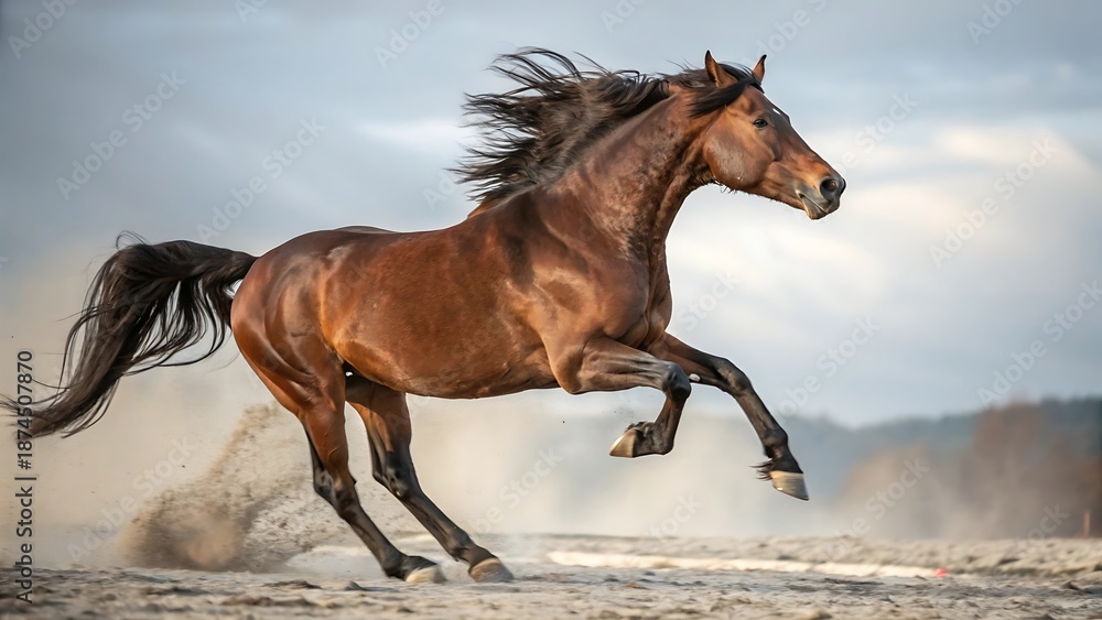 Fototapeta premium Handsome brown stallion galloping and jumping isolated on white background. With shadow. AI GENERATED.