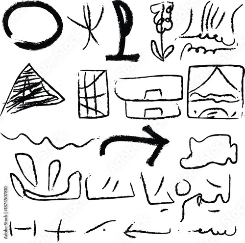 Ancient Egyptian hieroglyphics and symbolic drawings