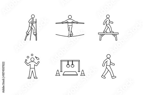 Minimalist linear icons of circus performers and activities in black outlines