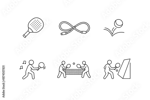 Minimalist line art of table tennis and paddle sports icons with jump rope and gym activities