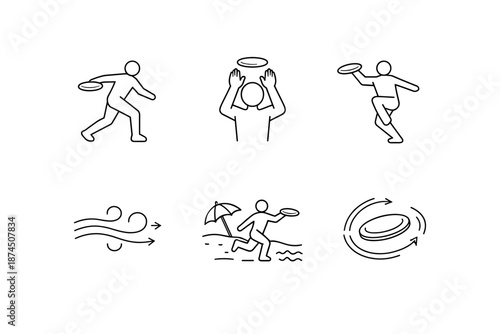 Minimalist icons of people playing frisbee in various action poses and environmental elements