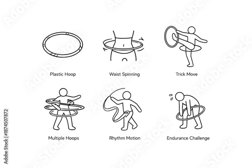 Hula hoop stick figures illustrating dance and exercise moves in minimalist style