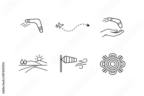 Minimalist black and white icon set featuring boomerangs, travel, and nature elements