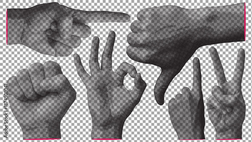 Retro halftone body parts collection. Trendy halftone various hand signs collection. Halftone collage elements. Vector illustration.