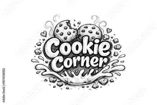 Hand-drawn cookie corner with splash and crumb details