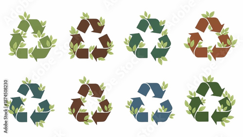 Recycling symbols with leaves and earthy tones arranged in a grid pattern illustration