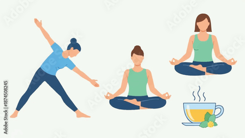 Women practicing yoga in various poses with a cup of tea nearby