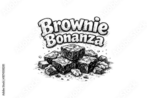 Hand drawn brownie bonanza text with detailed sketch style sweet desserts