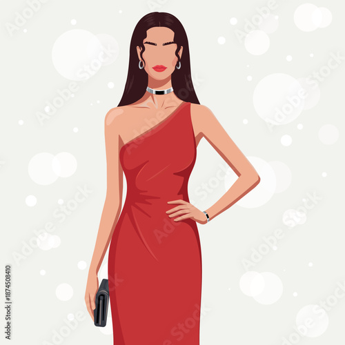 Faceless fashion vector illustration of an elegant woman in a red one-shoulder evening dress holding a clutch on a minimal bokeh background, perfect for luxury branding, beauty ads, event invitations.