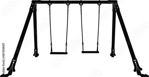Black silhouette of a playground swing set with two seats, outdoor recreation equipment vector illustration, isolated on white background for park design concepts.