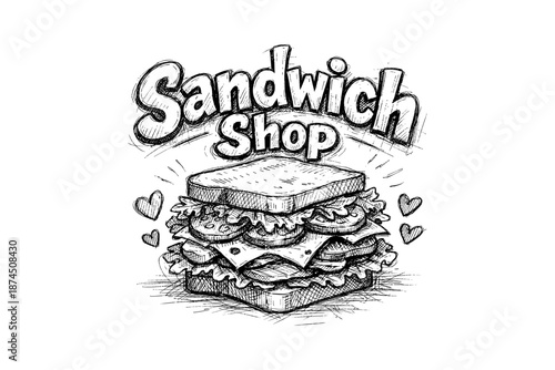 Hand drawn sandwich shop logo with classic doodle style, featuring hearts and detailed ingredients