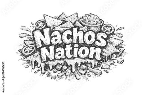Nachos nation sketch design with cheese and toppings
