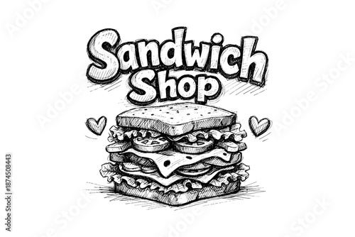 Hand-drawn sandwich shop logo with heart accents and layered ingredients sketch