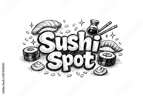 Hand-drawn sushi spot design with nigiri and rolls