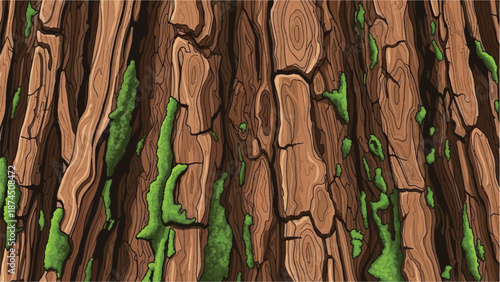 Illustration of tree bark with green moss growing between the cracks from a close-up viewpoint