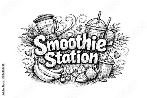 Hand-drawn smoothie station with blender and fresh fruits in decorative style