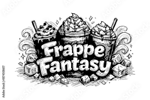 Frappe fantasy: hand drawn art of whipped cream drinks with ice cubes and decorative elements