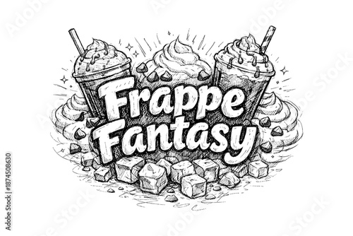 Hand drawn frappe delight with whipped cream and ice cubes in vintage style