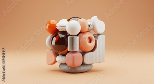 Obraz na płótnie A 3D-rendered composition featuring a cubic structure constructed from various smooth, rounded, and organically shaped objects
