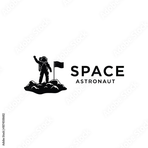 Astronaut Standing on Rocky Surface with Flag Logo. Space Explorer Silhouette Vector Icon.