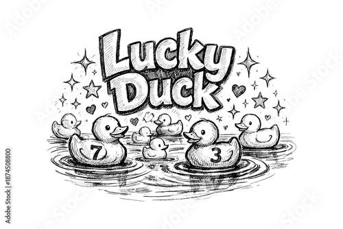 Whimsical sketch of lucky duck with playful numbers and stars