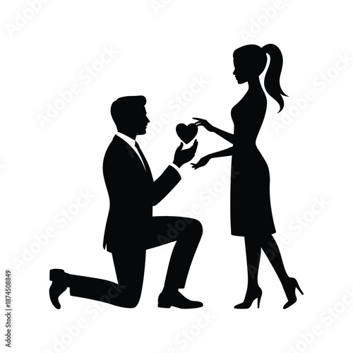 A romantic scene depicts a man proposing to a woman with a heart shaped box