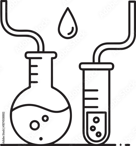 Laboratory equipment illustration with flask and test tube containing liquids and bubbles in a scientific setting