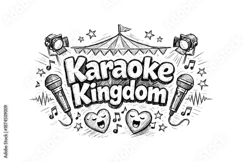 Hand-drawn karaoke kingdom with microphones and musical notes