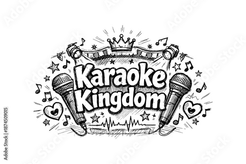 Hand-drawn karaoke celebration with microphones and musical symbols